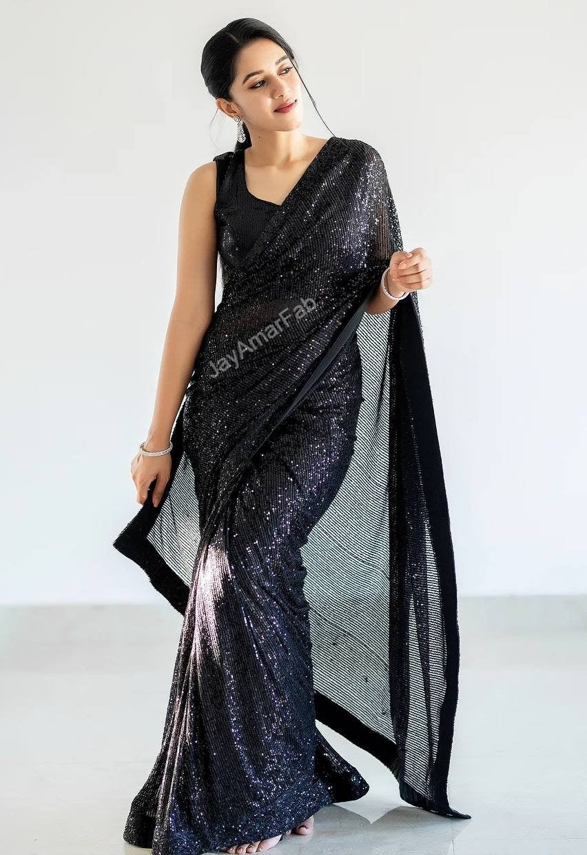 Black Saree Georgette Fabric With Sequnce Work ,In Blouse Indian Festival ,Bollywood Saree,Traditional Saree,Indian Outfits