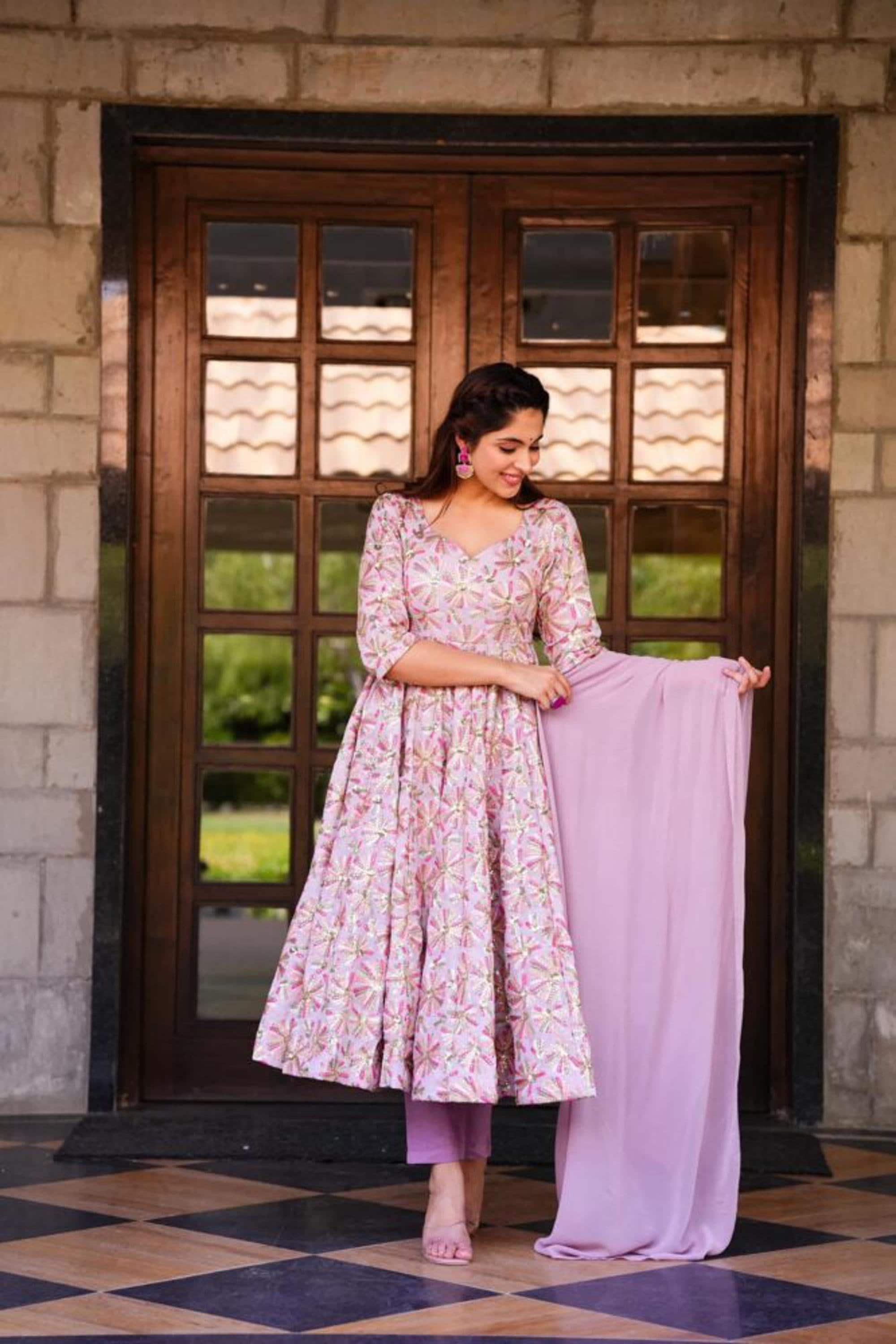 Pink Anarkali Style Printed Suit Set