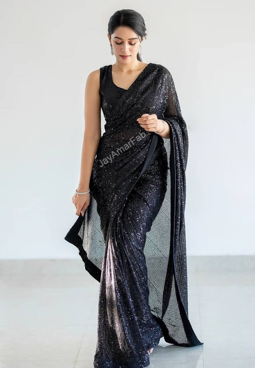 Black Saree Georgette Fabric With Sequnce Work ,In Blouse Indian Festival ,Bollywood Saree,Traditional Saree,Indian Outfits