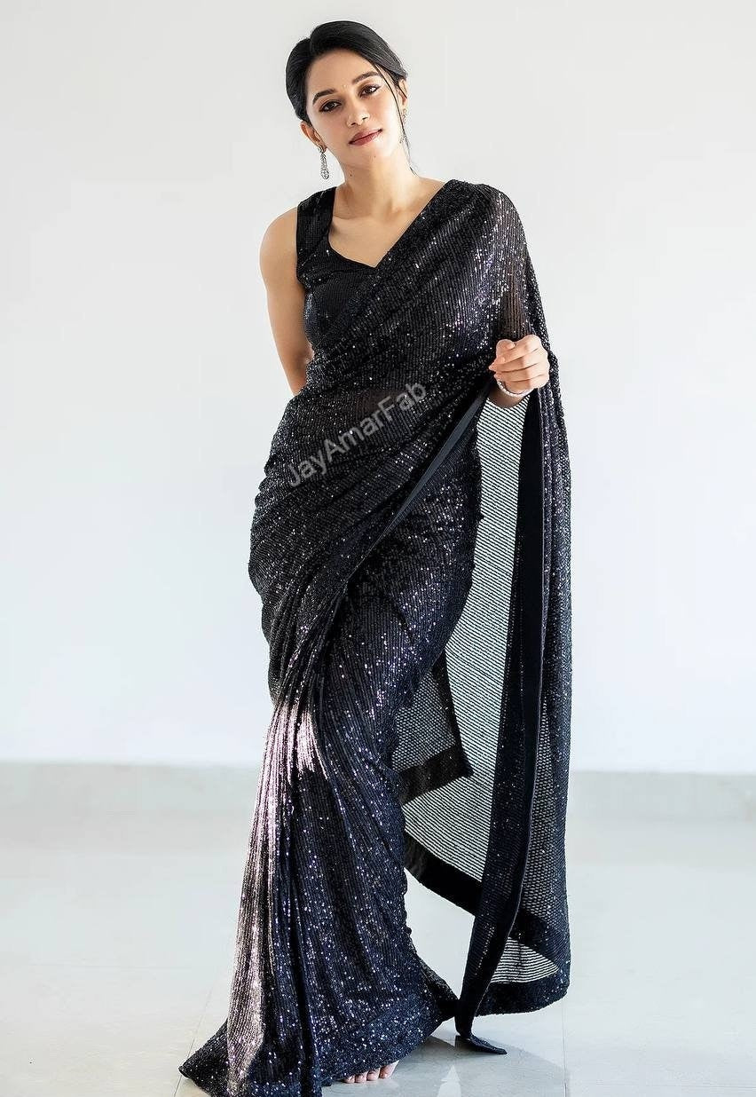 Black Saree Georgette Fabric With Sequnce Work ,In Blouse Indian Festival ,Bollywood Saree,Traditional Saree,Indian Outfits